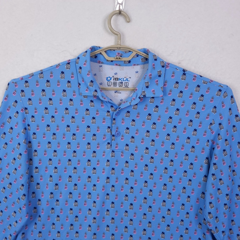 IBKÜL Polo Shirt Mens XL Blue Pineapple Long Sleeve UPF 50+ Golf Performance